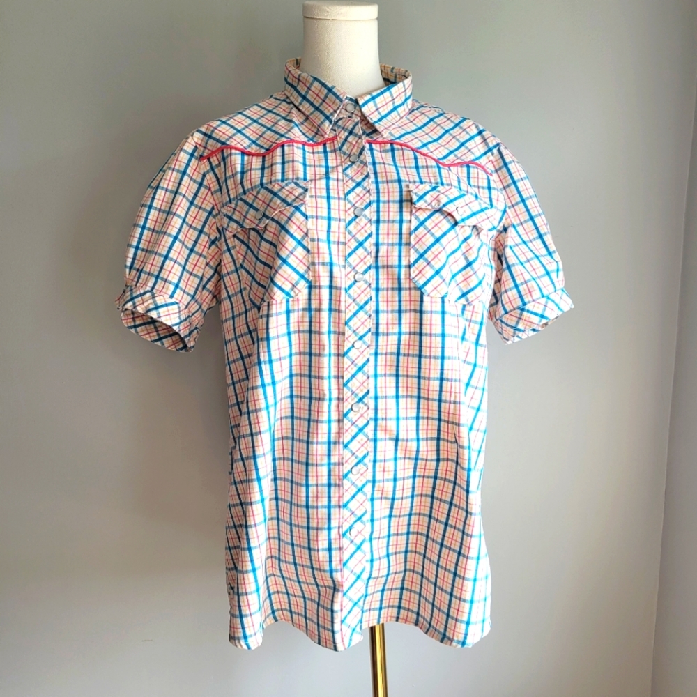 Women's Western Plaid Short Sleeve Blouse Size L